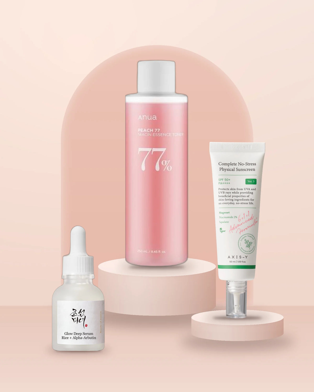Glow & Brighten Routine: Anua Peach 77 Niacin Essence Toner, Beauty of Joseon Glow Deep Serum and AXIS-Y Complete No-Stress P