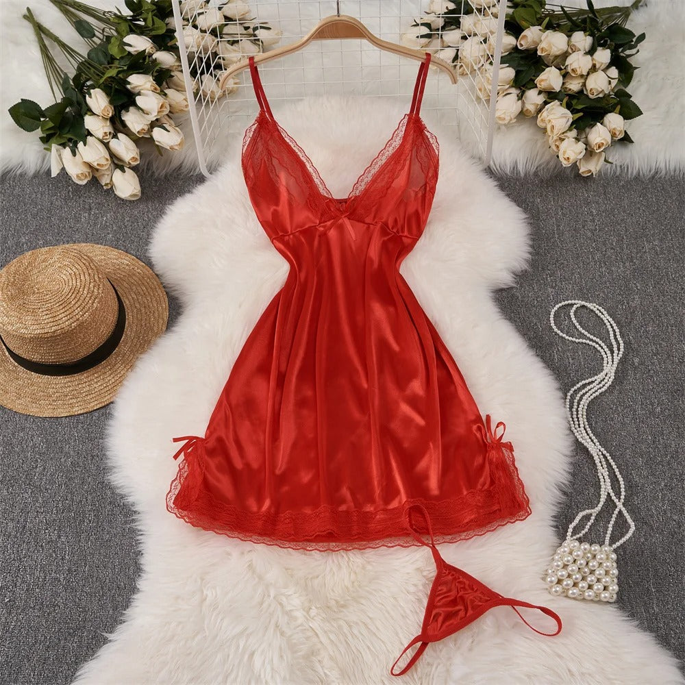 Sexy Deep V-Neck Lace Satin Nightgown - Retro High-Waist Sleepwear - Kaimri