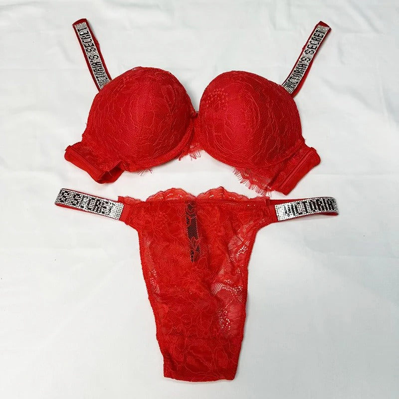 Fashionable Rhinestone Push-Up Bra & Panty Set - Large Size - Kaimri Lingerie Set