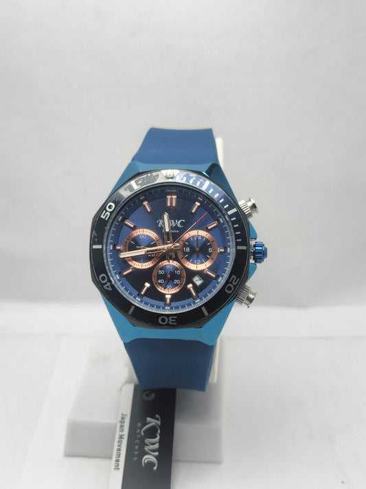 
KWC Men’s Luxury Chronograph Watch – Blue Silicone Strap & Rose Gold Dial
