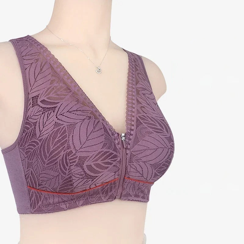 
Soft Cotton Zipper Bra - Lace, Wireless, Breathable, Large Size for Women - Kaimri