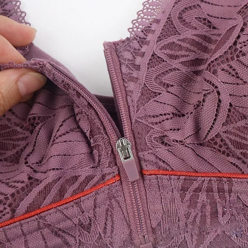 
Soft Cotton Zipper Bra - Lace, Wireless, Breathable, Large Size for Women - Kaimri