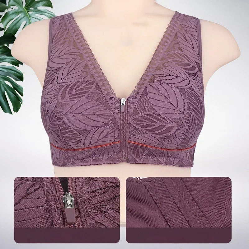
Soft Cotton Zipper Bra - Lace, Wireless, Breathable, Large Size for Women - Kaimri