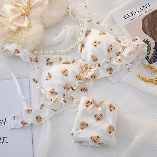 
Cute Bear Bra Set - Ruffled Bow, Anti-Sagging, No Steel Ring - Kaimri Lingerie Set