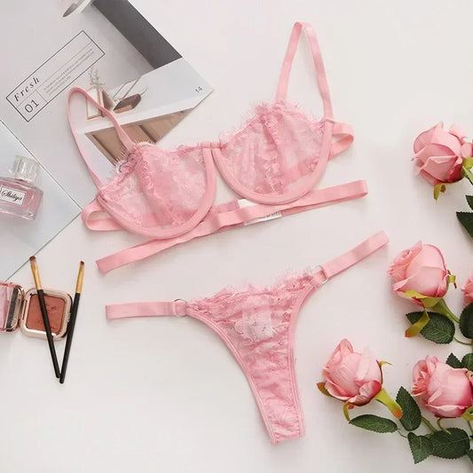 
Sexy Lingerie Set - Transparent Bra & Embroidered Briefs, Push-Up - Kaimri